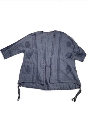 XCVI 100% Linen Lightweight Embroidered Open-Front Jacket Indigo Blue Size Small